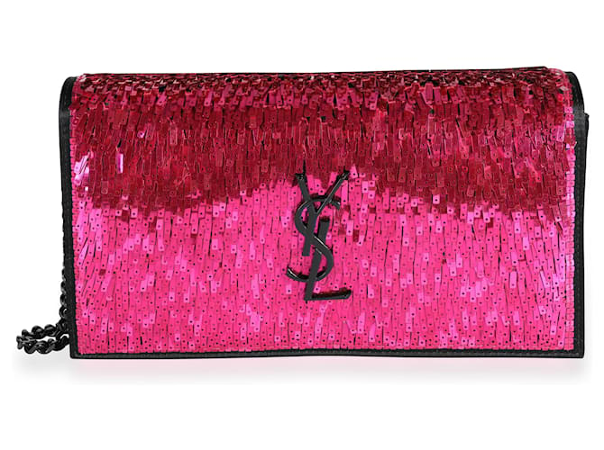Saint Laurent Portafoglio con catena Kate in paillettes rosa e pelle scamosciata nera con monogramma  ref.622657