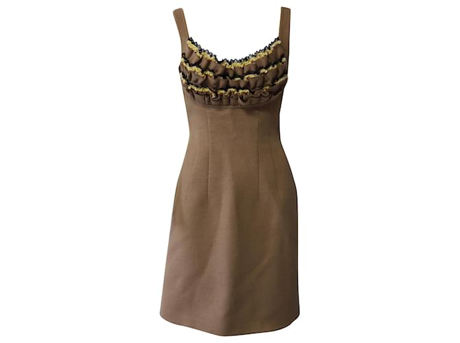Prada Beaded Ruffle Sleeveless Dress in Nude Brown Wool  ref.622907