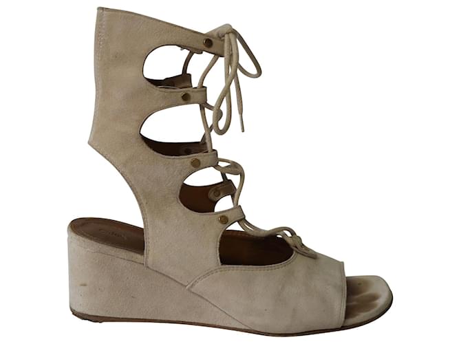 Chloé Chloe Foster Lace-Up Wedge Sandals in Nude Suede Flesh  ref.622925