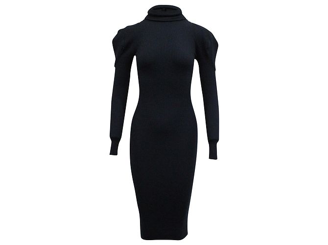 Iris & Ink Geripptes Strickkleid mit Rollkragen aus marineblauer Viskose