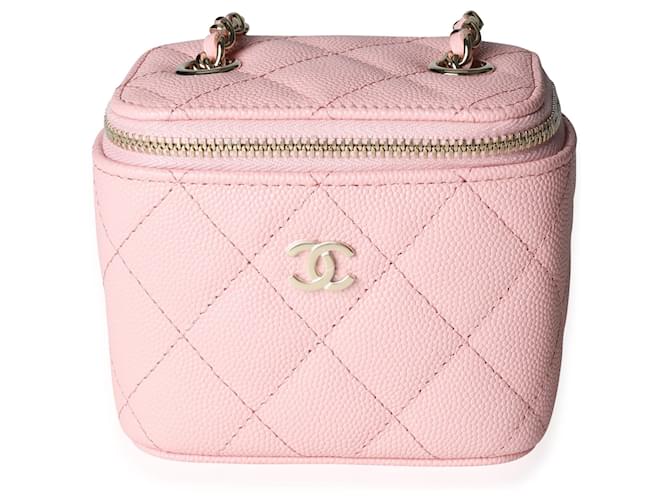 Vanity Chanel Rosa gesteppter Kaviar-Mini-Kosmetikkoffer mit Kette Pink Leder  ref.622939