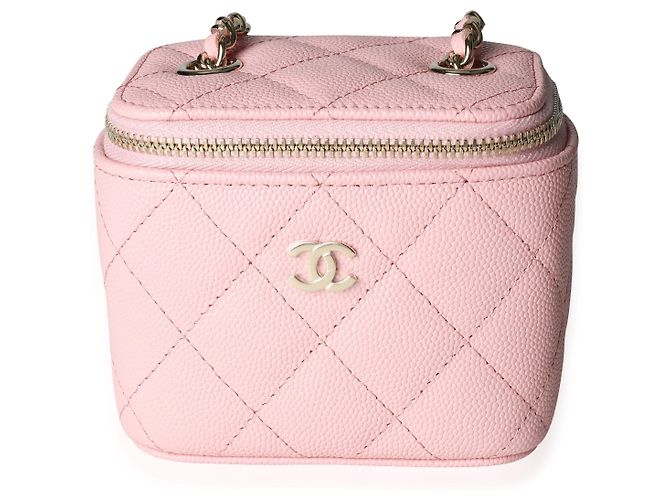 Vanity Mini estojo rosa acolchoado de caviar Chanel com corrente