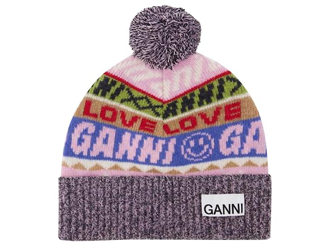 Ganni Graphic Beanie in Multicolor Recyled Wool/Poly