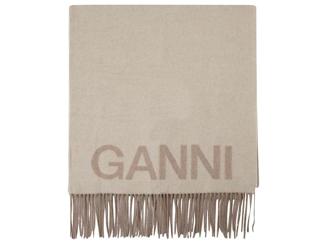 Ganni Bufanda con flecos de lana reciclada beige  ref.623159