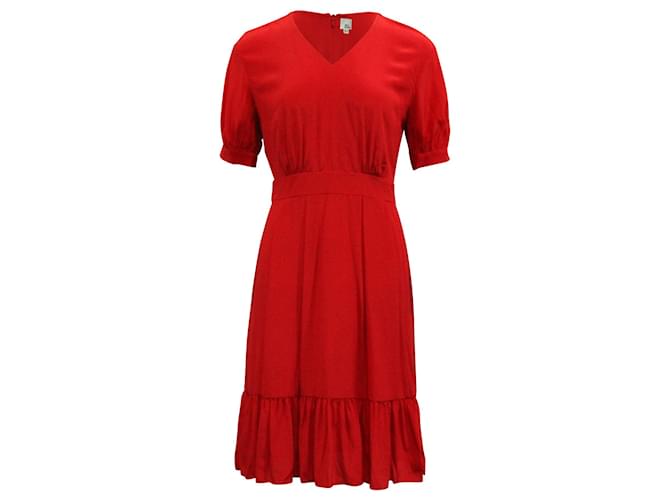 Iris & Ink V-neck Midi Dress in Red Polyester  ref.623316