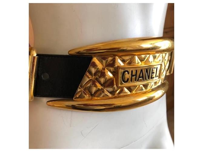 Ceinture Chanel Champion Gold Vintage Cuir Noir Doré  ref.623481