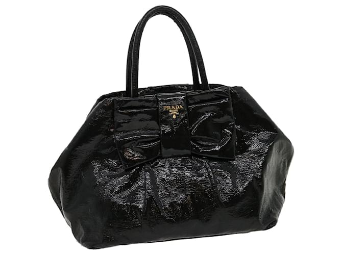PRADA ribbon Hand Bag Patent Leather Black Auth bs1803  ref.623667