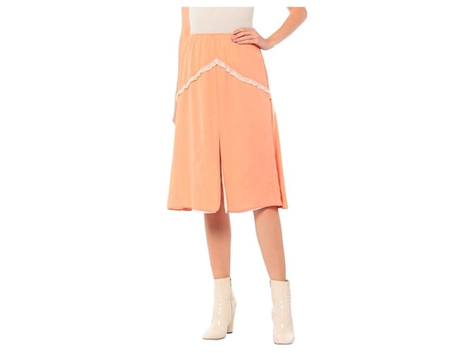 Prada SS17 Salmon Pink Lace Trim Silk Midi Skirt Peach  ref.624354