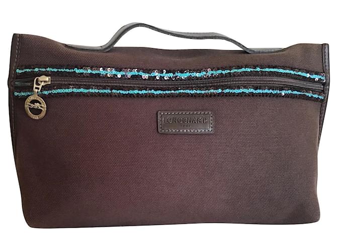 Longchamp Clutch bags Dark brown Turquoise Leather Cloth  ref.624516