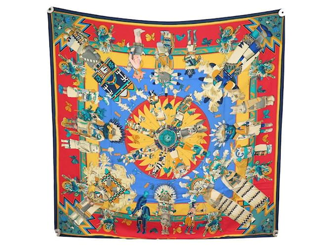 Hermès FOULARD HERMES KACHINAS INDIEN KERMIT OLIVER CARRE EN SOIE ROUGE SILK SCARF  ref.624604