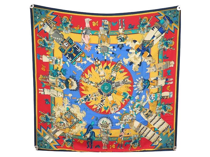 Hermès HERMES KACHINAS INDIAN KERMIT OLIVER SCIARPA QUADRATA IN SETA ROSSA SCIARPA Rosso