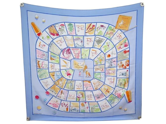 Hermès HERMES SCARF THE GAME OF LITTLE HAPPINESS SYNES SQUARE 90 BLUE SILK SCARF  ref.624605