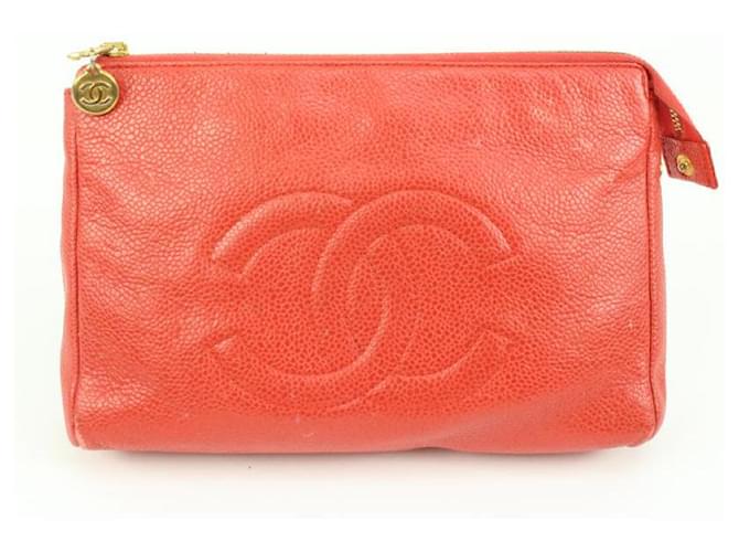 Chanel Bolsa de cosméticos com zíper vermelho caviar couro CC estojo para cosméticos  ref.624667
