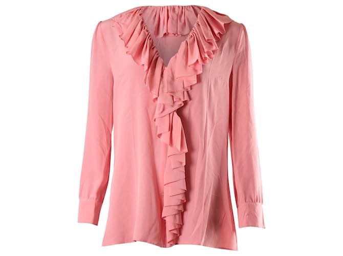 Blusa con cuello de pico y volantes de Gucci en seda rosa  ref.624876