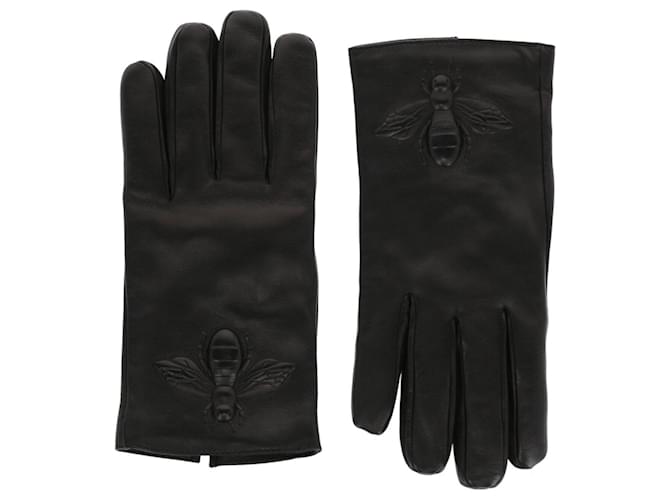 Gucci Bumble-Bee Embossed Leather Gloves Black  ref.624914