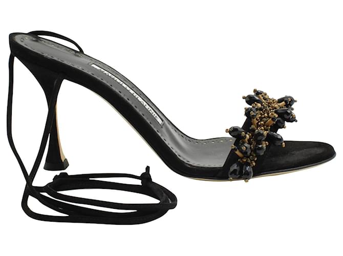 Manolo Blahnik Embellished Strappy Sandals in Black Leather  ref.625096