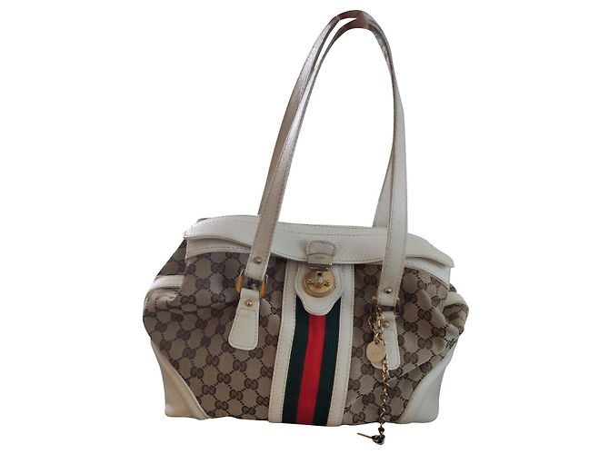 Borsa a mano Gucci bianca e marrone chiaro in pelle e tela Bianco