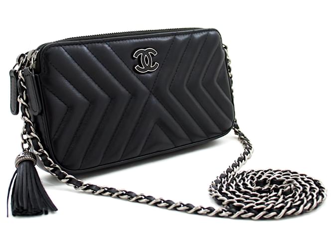Wallet On Chain Chanel 2019 Carteira de couro de cordeiro com corrente forrada WOC bolsa com zíper SV Preto  ref.625224