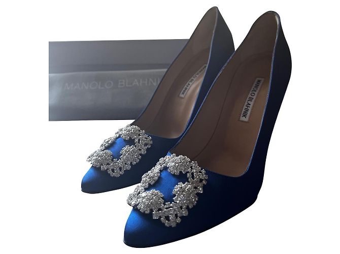Manolo Blahnik Blue Leather and Silk Heels Size 38