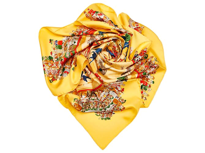 Hermès Bufanda de seda amarilla Hermes Cirque Molier Multicolor Amarillo Paño  ref.625390