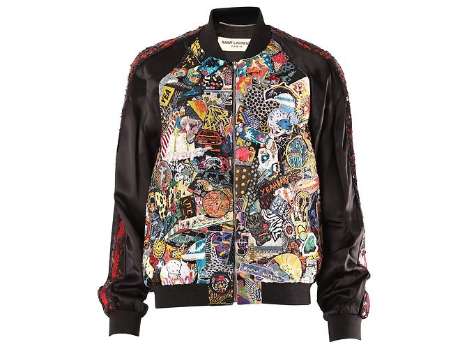 SAINT LAURENT 16SS Runway Beaded Badges Teddy Bomber Jacket in Multicolor Cotton