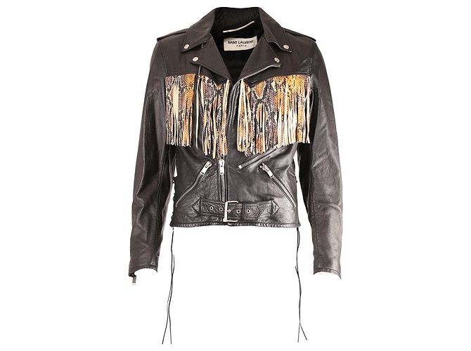 Saint Laurent Fringe Python Aloha Jacke aus schwarzem Leder