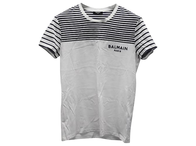 Balmain Mariniere T-shirt listrada em algodão branco  ref.625486