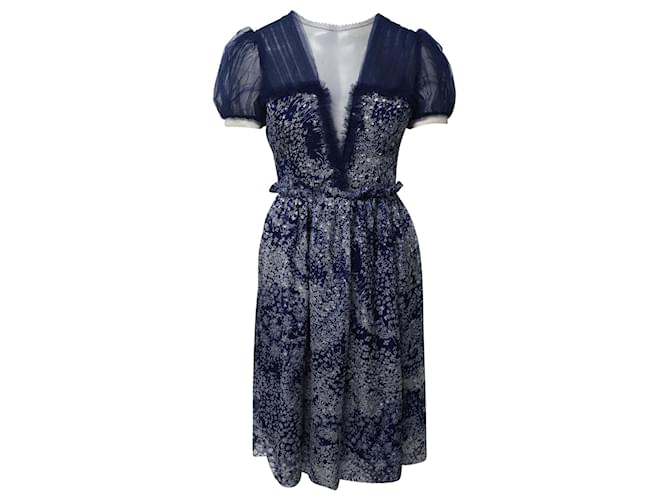 Autre Marque Rodarte Puff Sleeve Knee Length Printed Dress in Blue Silk  ref.625506