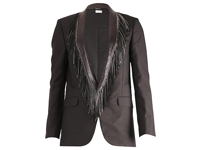 Saint Laurent Studded Fringe Lapel Tuxedo Jacket in Black Wool  ref.625600