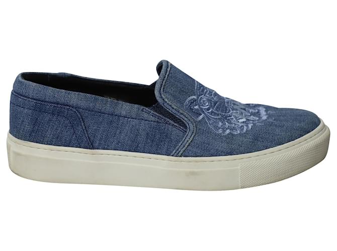 Kenzo Embroidered Slip On Sneakers in Blue Cotton Denim   ref.625619