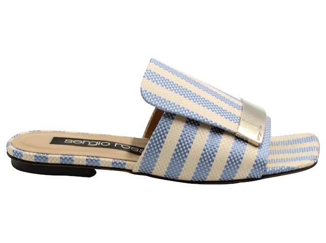 Sergio Rossi Striped Flat Slides in Blue Canvas Cloth  ref.625669