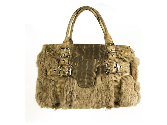 Donna Karan DKNY Brown Fur Sea Snake Embossed Leather Satchel bag Handbag Cotton  ref.625771