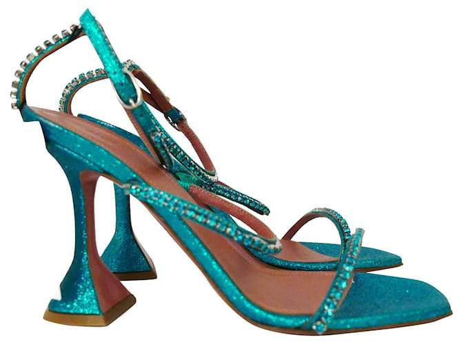 Amina Muaddi Gilda Mini sandales scintillantes ornées de cristaux Cuir Turquoise  ref.626041