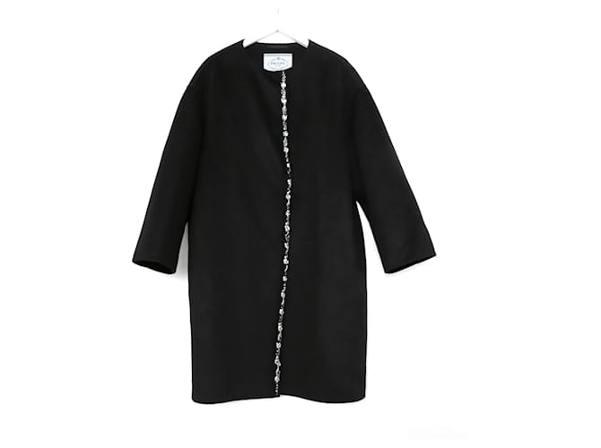 Prada Resort 2015 Jewel Trim Lightweight Coat Black Cashmere Wool  ref.626043