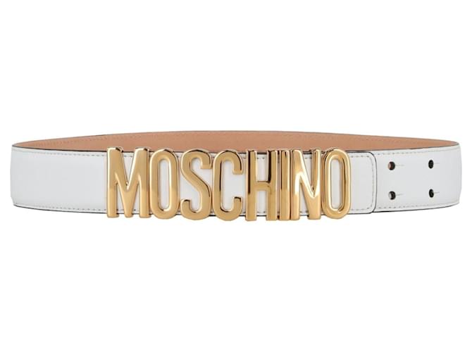 Cintura in pelle con placca logo Moschino Bianco  ref.626083