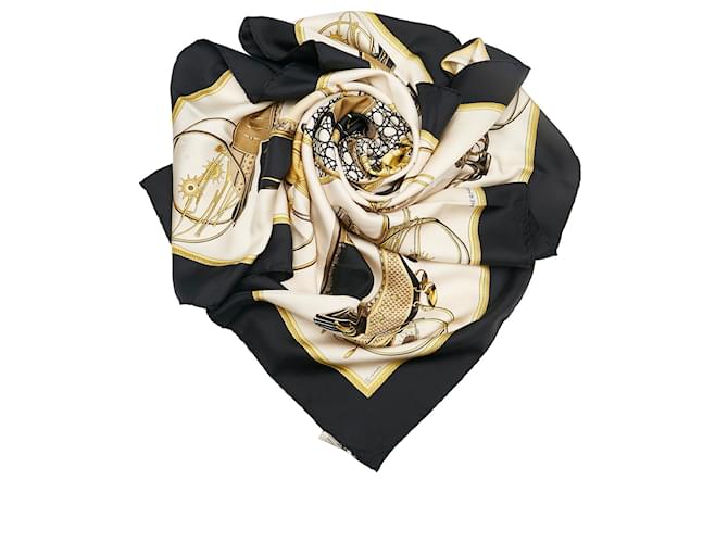 Hermès Hermes White Les Voitures una sciarpa di seta stampata trasformata Nero Bianco Panno  ref.626308