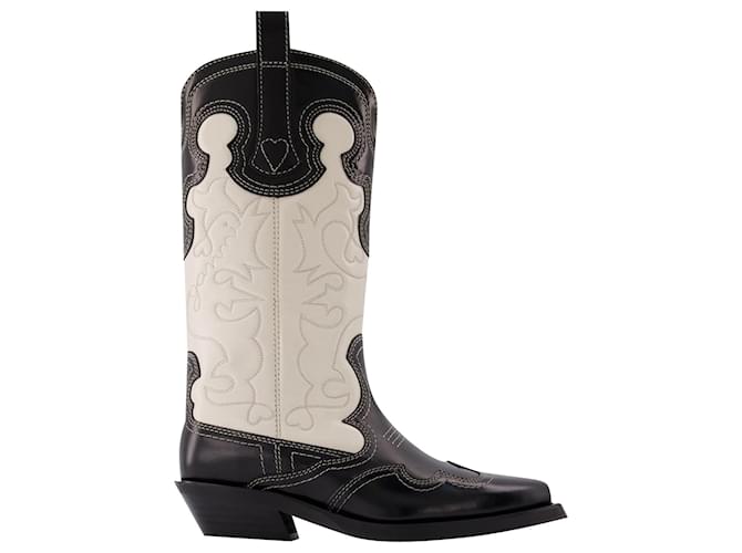 Ganni Mid Shaft Embroidered Western Boots in Black Leather  ref.626429