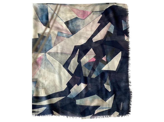 Sciarpa Chanel in cashmere e seta Blu Bianco Rosa 