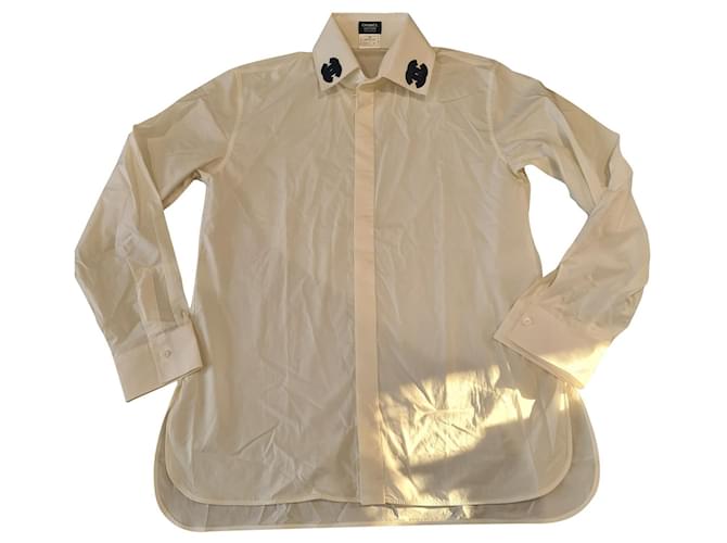 Magnífica camisa de novio Chanel uniforme T. 40 Blanco Algodón  ref.628749