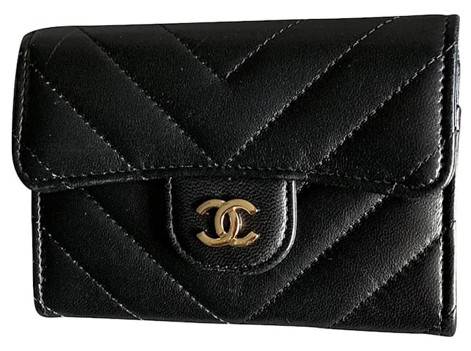 Classique Chanel Porte-cartes Chevron Cuir Noir  ref.629125