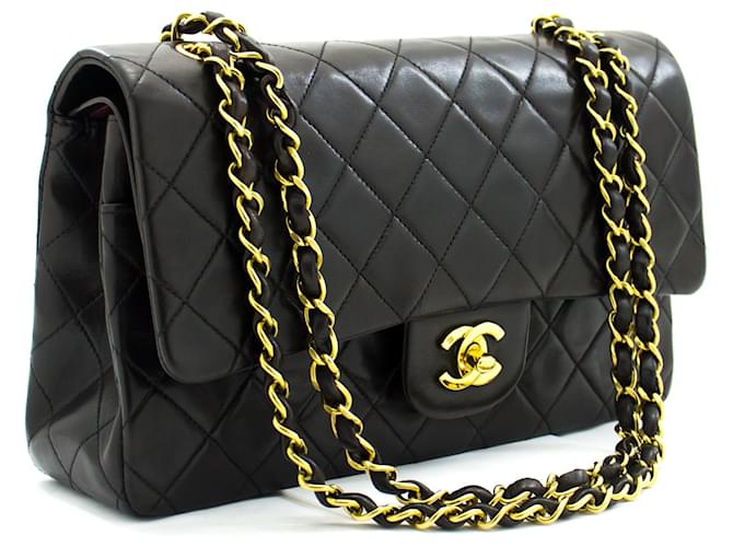Chanel Classic gefütterte Klappe 10"Chain Shoulder Bag Black Lambskin Schwarz Leder  ref.629218