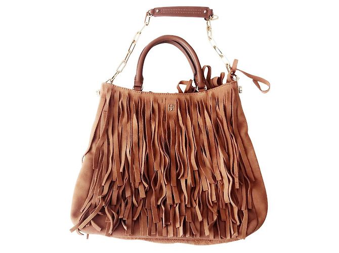 Bolsa Carolina Herrera em couro marrom e camurça com franjas Bege