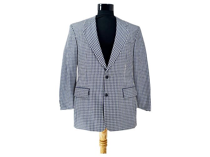 René Lezard Gingham Blue White Wool Blazer