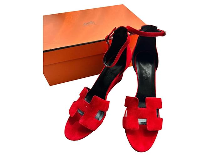 Hermès Legend wedge sandal in classic Hermès red 38.5 Suede  ref.629457