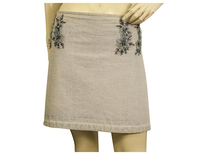 Chloé Chloe Saxe Pinkish Denim Beaded Tulle Flowers Short Mini Skirt w. Zipper Size 42 Dark grey  ref.629532
