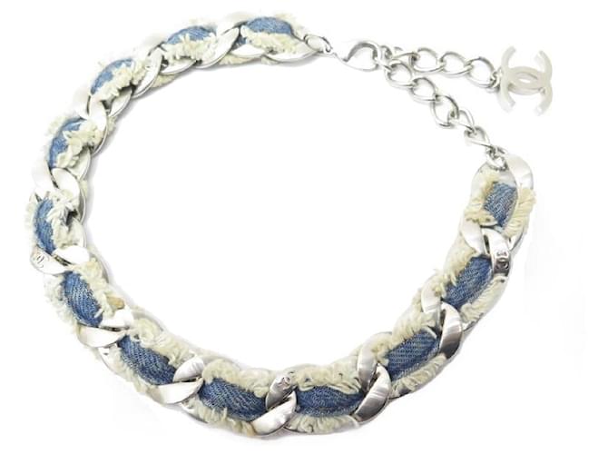 CHANEL NECKLACE TIMELESS CC CLASP INTERLACED CHAIN DENIM 2014 NECKLACE Blue Leather  ref.629711
