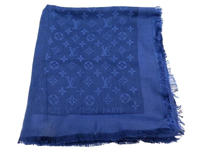 scarf louis vuitton m72412 SHAWL BLUE SILK AND WOOL MONOGRAM SHAWL Leather  ref.629762