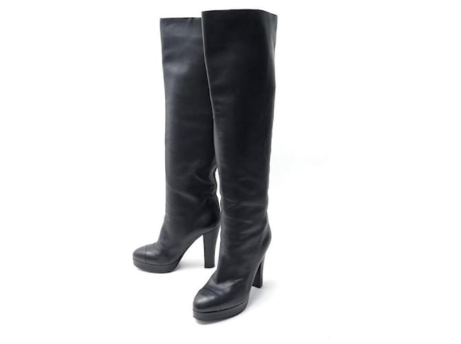 CHANEL THIGH-HEEL BOOTS 40 BLACK LEATHER BOOTS  ref.629794