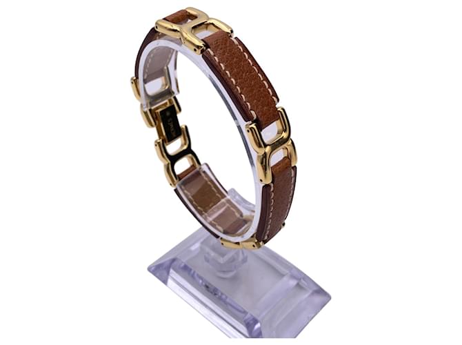 Hermès Hermes Tan Leather Gold Metal Place Beauvau Articulated Bracelet Brown  ref.629807