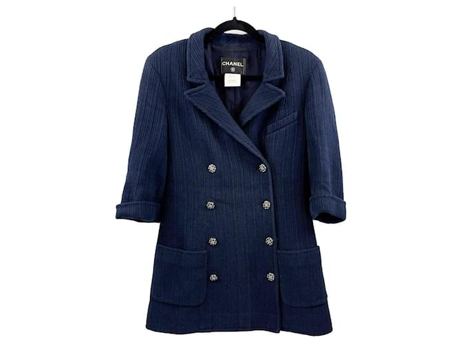 Chanel - Blazer pull boutonné doublé - Bleu marine Coton  ref.630149